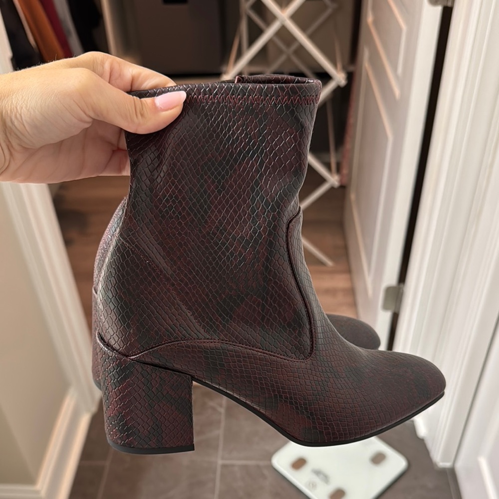 Maroon and Black Snakeskin Ankle Boots